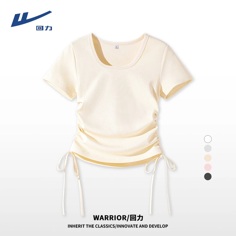 Warrior/回力抽绳圆领T恤短款短袖纯色宽松修身显瘦2025夏季减龄