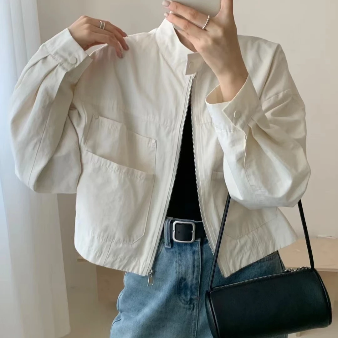 短外套女秋季新款宽松下摆短款长袖外套白色百搭时尚气质休闲上衣