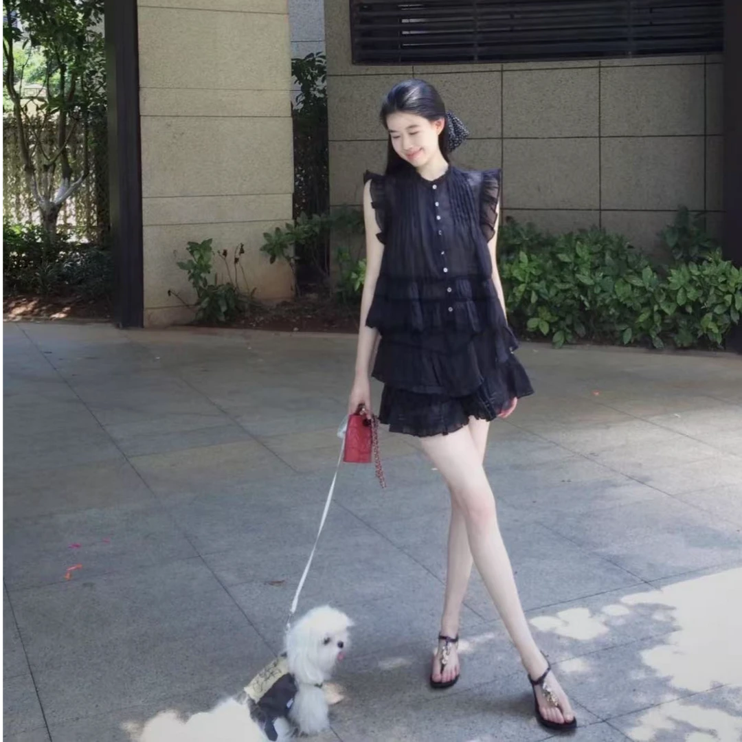 2025夏季新款洋气时尚无袖花边短款马甲上衣高腰花苞裤裙甜美套装