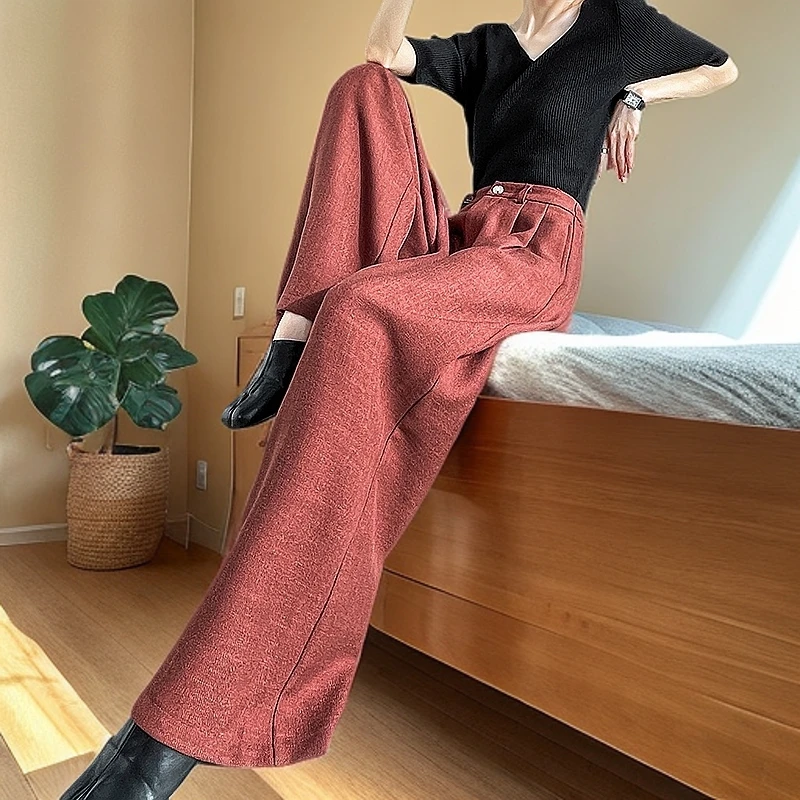 棉麻安可拉红休闲西装裤女春夏薄款高腰宽松垂感拖地直筒阔腿裤子