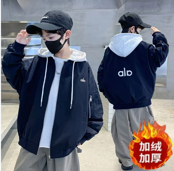 【加棉加厚】男童秋冬韩版夹棉加厚连帽假两件字母外套保暖洋气时尚