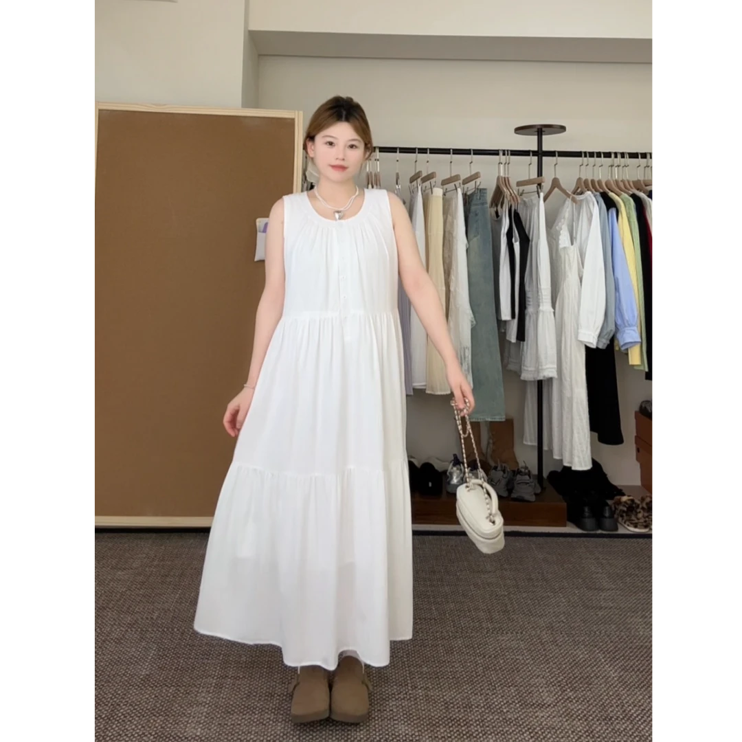 【小可爱专属】2025新款白色无袖背心连衣裙子度假绝美长裙加宽大码