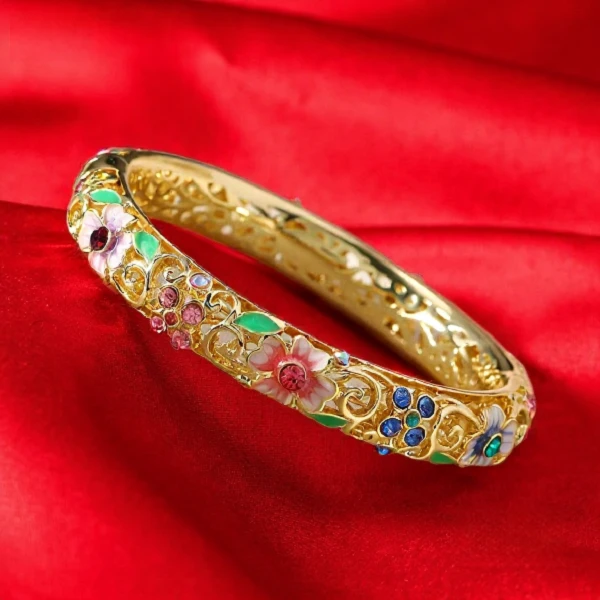 【港奢珠宝】非遗传承典藏景泰蓝彩色四叶花掐丝镂空臻品手镯