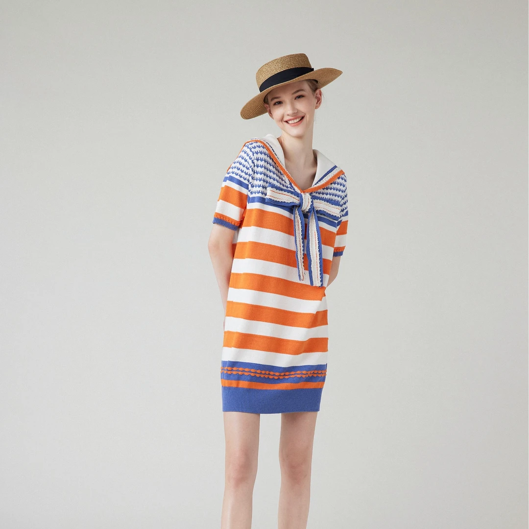 CHARFEN朝峰夏季时尚休闲海军风条纹秋冬连衣裙CFE1C539-5037G