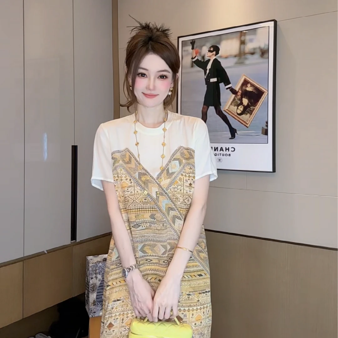 【丝芙玉禄】（S191）真丝双绉桑蚕丝气质拼色宽松中长款女装连衣裙