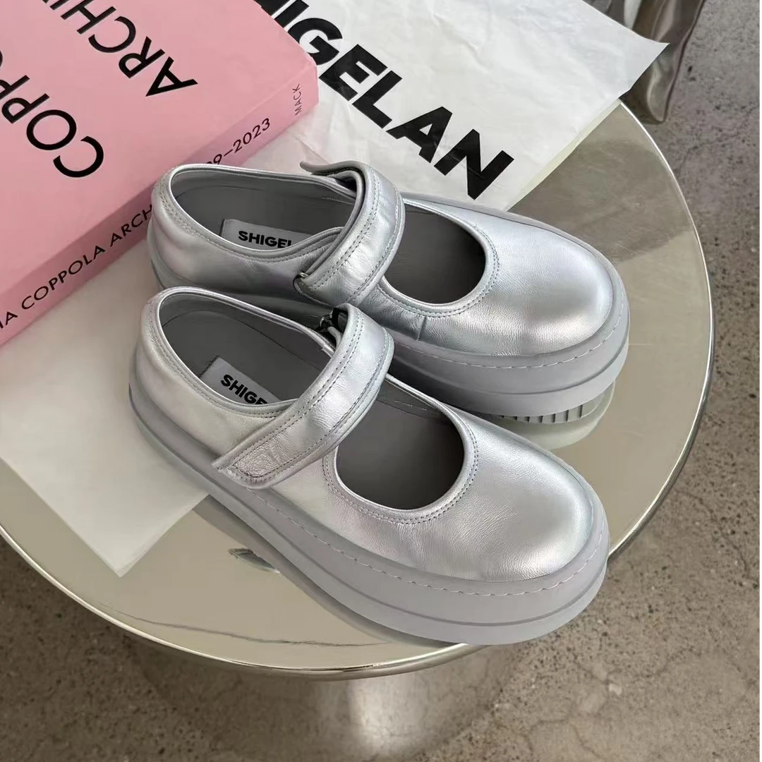 诗歌兰女鞋2025新款真皮圆头厚底时尚魔术贴欧货复古玛丽珍5001-6