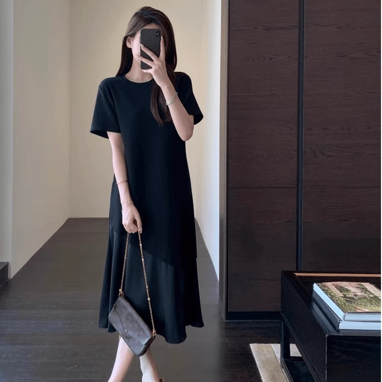 韩版夏季正肩T恤拼接连衣裙大码显瘦休闲宽松中长款裙子气质女装