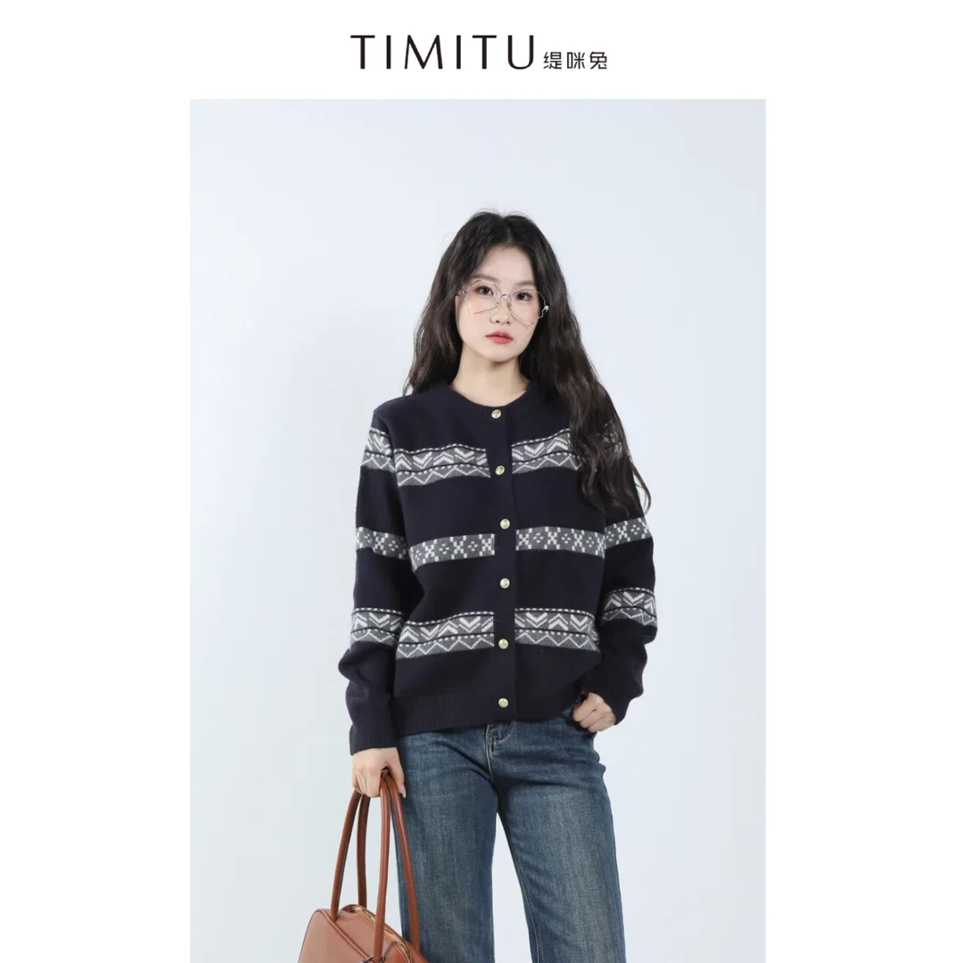 TIMITU缇咪兔韩系慵懒费尔岛条纹撞色宽松毛衣开衫34424010