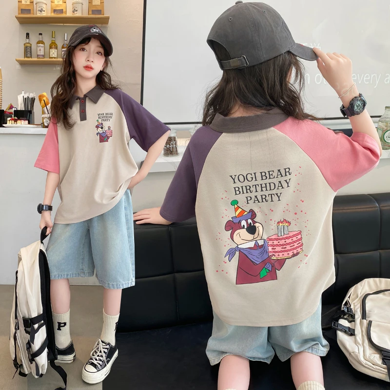 女童POLO衫短袖T恤牛仔中裤套装2025新款中大儿童休闲洋气两件套