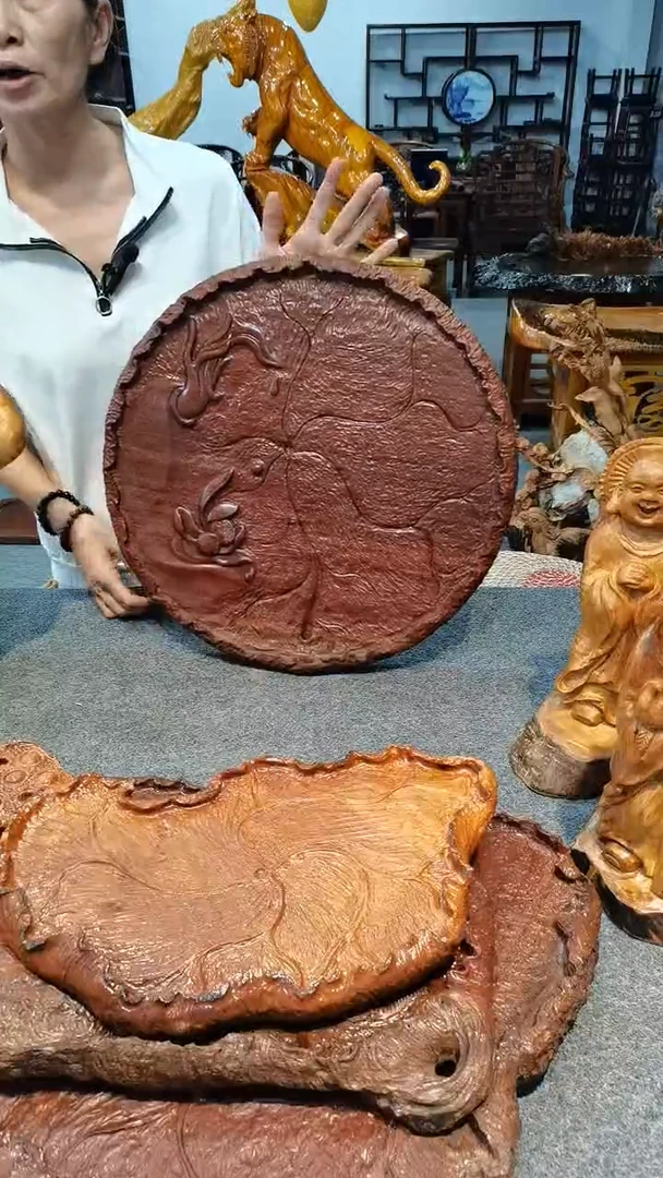 木紫檀木，荷花茶盘，手工雕刻48-47-4