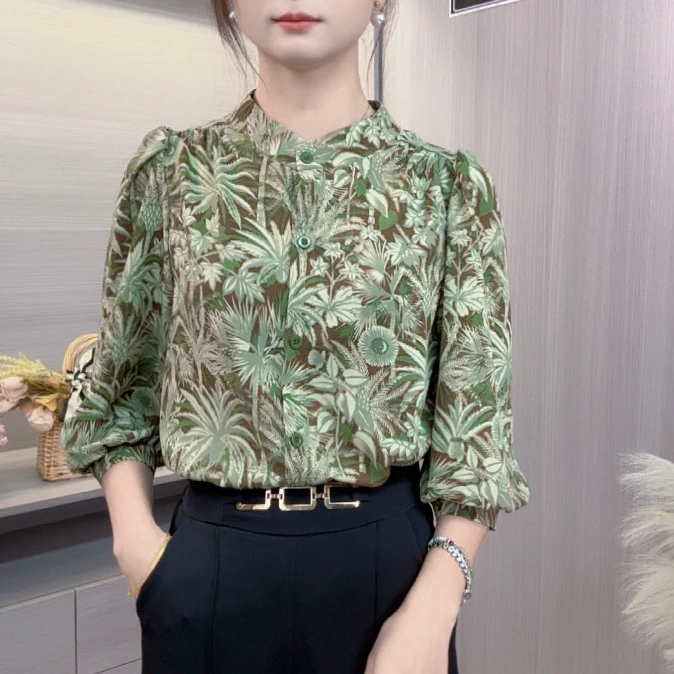 七分袖印花衬衫女装2025春夏季新款气质洋气小衫女士时尚百搭上衣