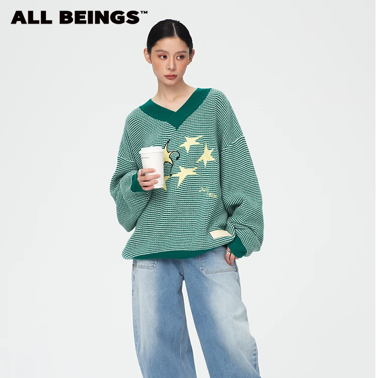 ALL BEINGS【应季折扣】休闲时尚绿白混色刺绣羊毛V领针织衫