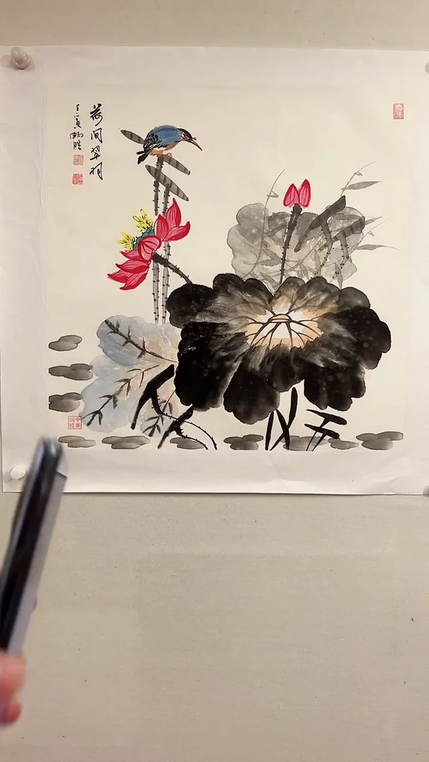 国画荷涧翠羽/4尺斗方托底/雷畅胜