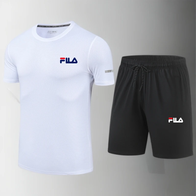 一折专区丨男士夏季速干修身薄款圆领短袖冰丝休闲运动套装五分裤