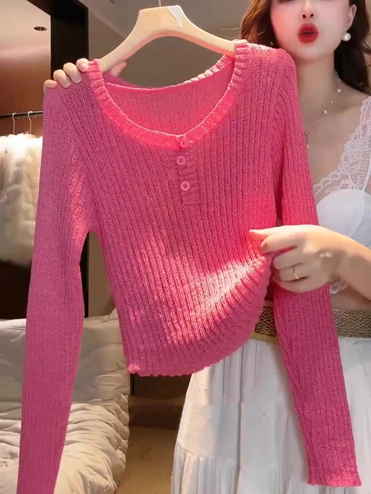 时尚甜美减龄粉色长袖针织衫女2025早秋新款洋气百搭宽松显瘦上衣