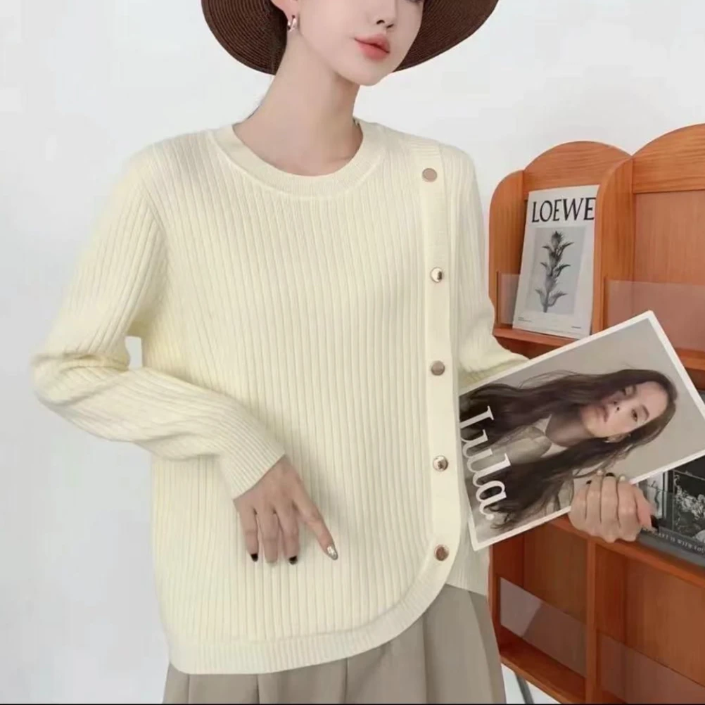 3705大码女装2024秋冬新款韩系圆弧下摆纯色宽松打底针织衫上衣