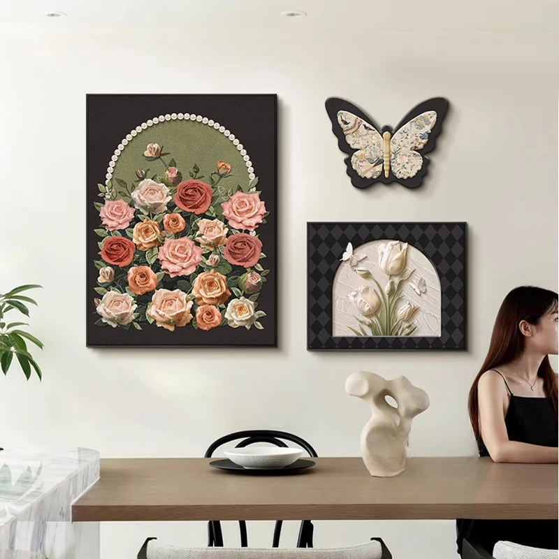 法式中古风餐厅装饰画蝴蝶玫瑰高级感客厅壁画奶油风饭厅餐桌挂画