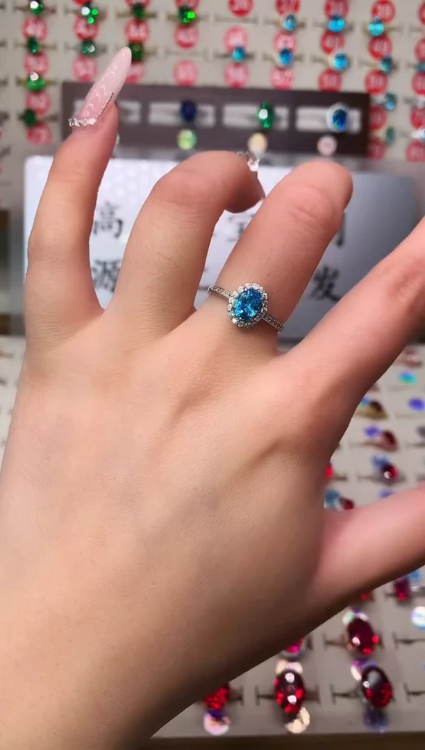 银S925镶嵌戒圈海蓝宝石5*7 银托