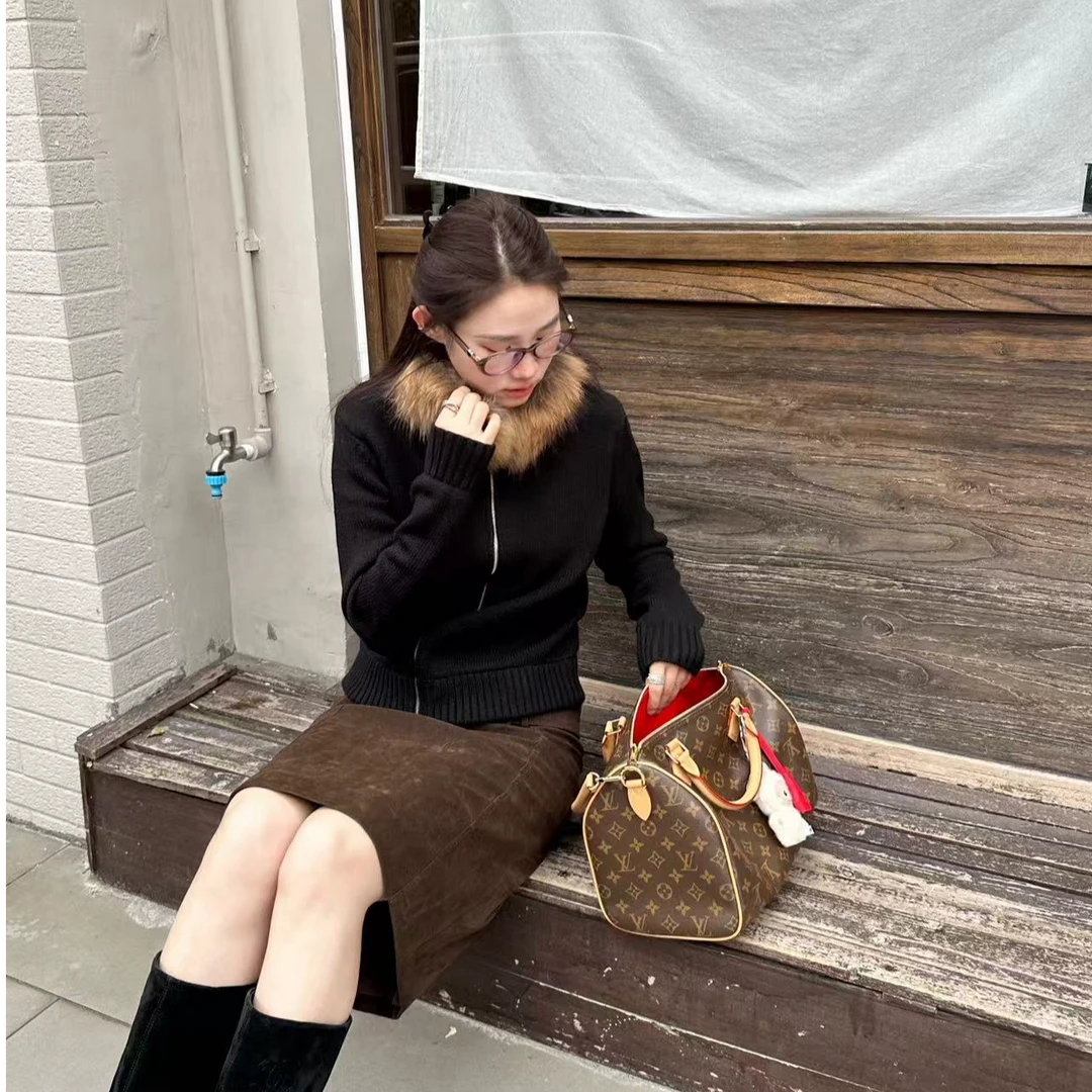 LA 可拆卸貉子毛毛领 拉链针织毛衣外套  32058