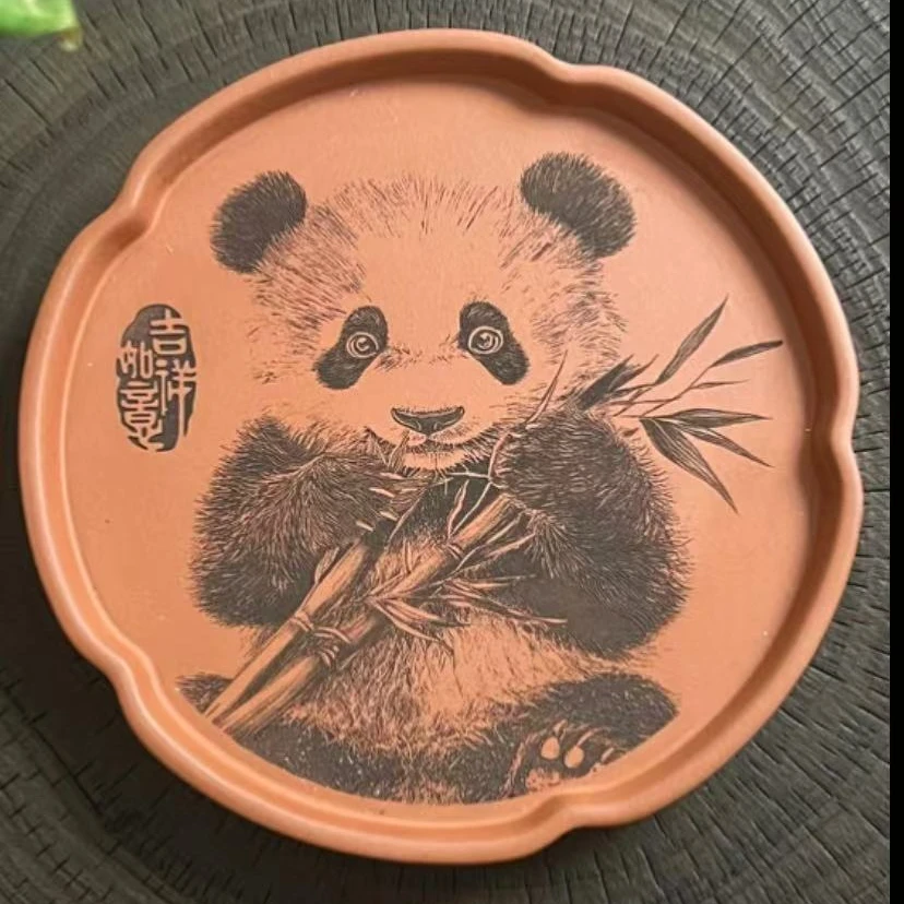 y0247 熊猫茶盘壶承 宜兴原矿全手工刻绘