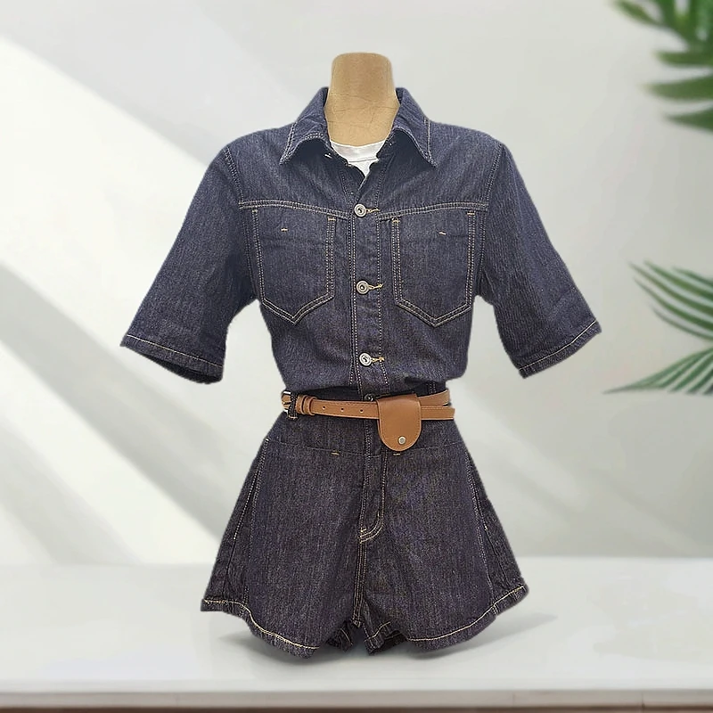 显瘦港风复古小个子牛仔连体裤2025夏季新款时尚修身收腰短裤女