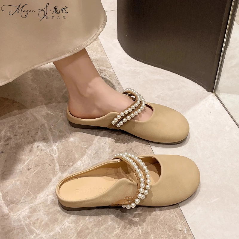 【万达撤柜】包头半拖鞋女半托外穿2025新款珍珠一脚蹬穆勒鞋法式凉