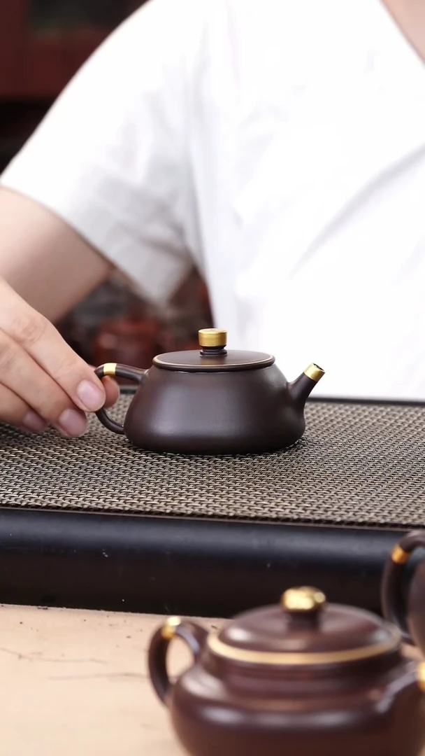 茶壶紫砂四号井茄皮紫泥描金平盖石瓢120cc