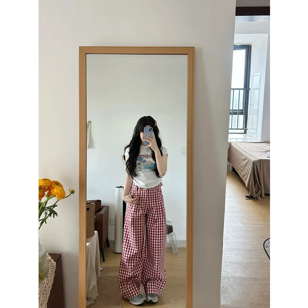 多巴胺红色慵懒风格子裤女2025夏季新款甜妹复古高腰休闲阔腿裤女