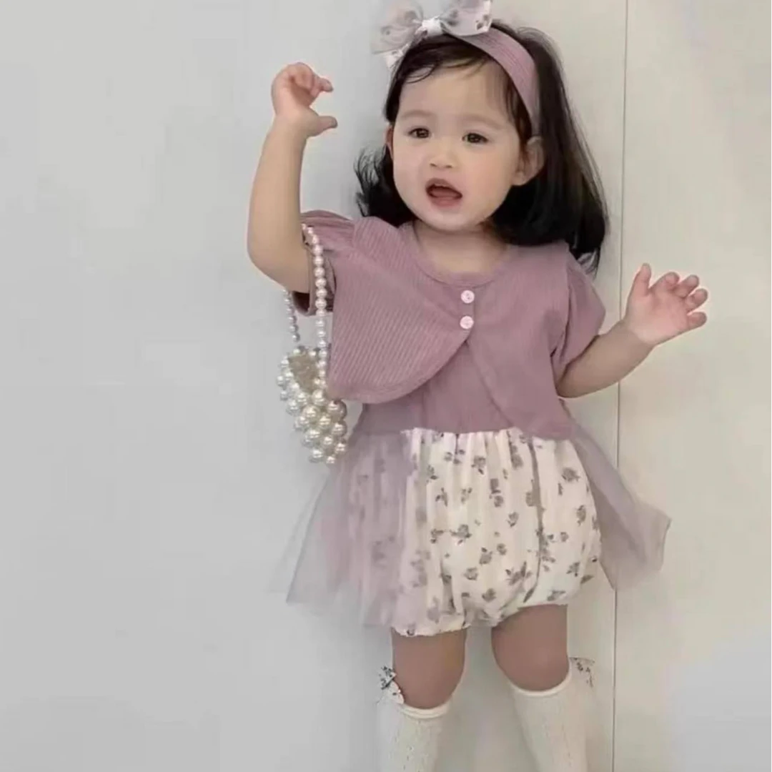 紫色碎花婴儿包屁衣女童宝宝连体哈衣包屁裙两件套女孩T