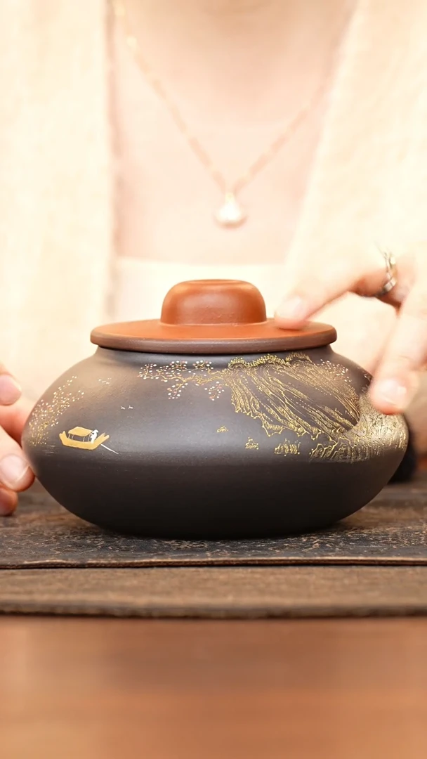 紫砂茶叶罐黑料泥绘山水醒茶罐