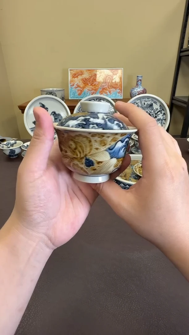 二号釉海浪鳜鱼纹元宝盖碗