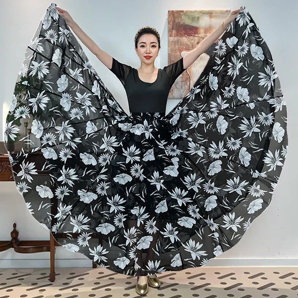 A《线绘花》密织雪纺满铺花时尚百搭印花全松紧腰大摆半身裙带衬裙