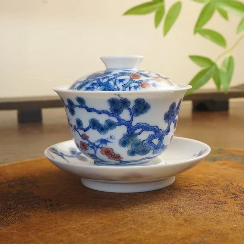 德物小雅纯手工手绘青花五彩岁寒三友三才盖碗景德镇陶瓷柴窑