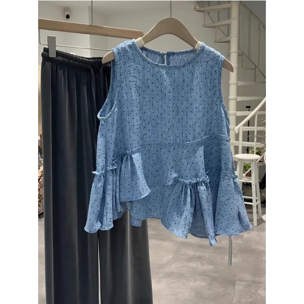 美貌色系！韩系不规则荷叶边波点无袖衬衫女夏季百搭背心显瘦上衣