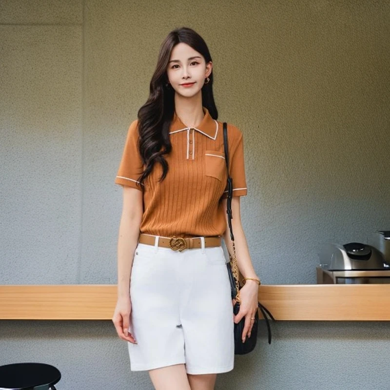 哥弟女装经典百搭舒适时尚通勤减龄POLO短袖领针织衫138025女式