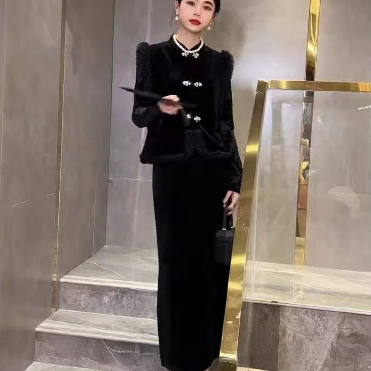 〖猫姐衣橱〗秋冬新款高级感新中式丝绒加厚马甲两件套裙8063