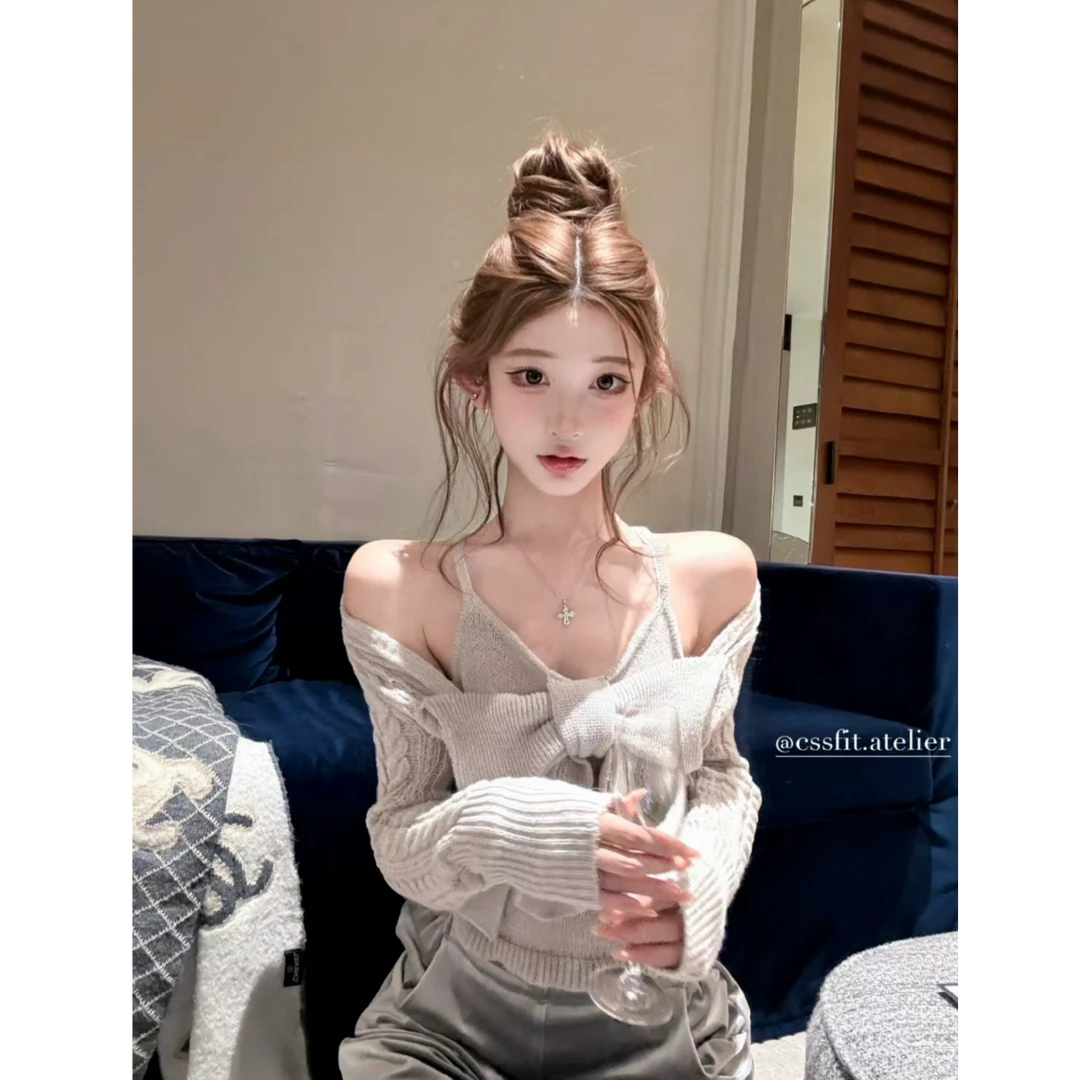 【栀子篇章】韩系时尚假两件蝴蝶结针织上衣女配显瘦高腰休闲裤套装