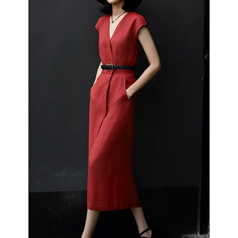 夏季新款欧货复古法式简约大方时尚收腰显瘦直筒红色短袖连衣裙女