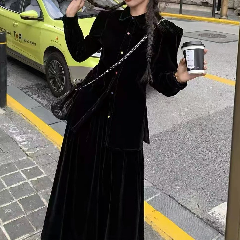 早秋大码长款时尚收腰法式秋冬丝绒上衣+半身裙两件套