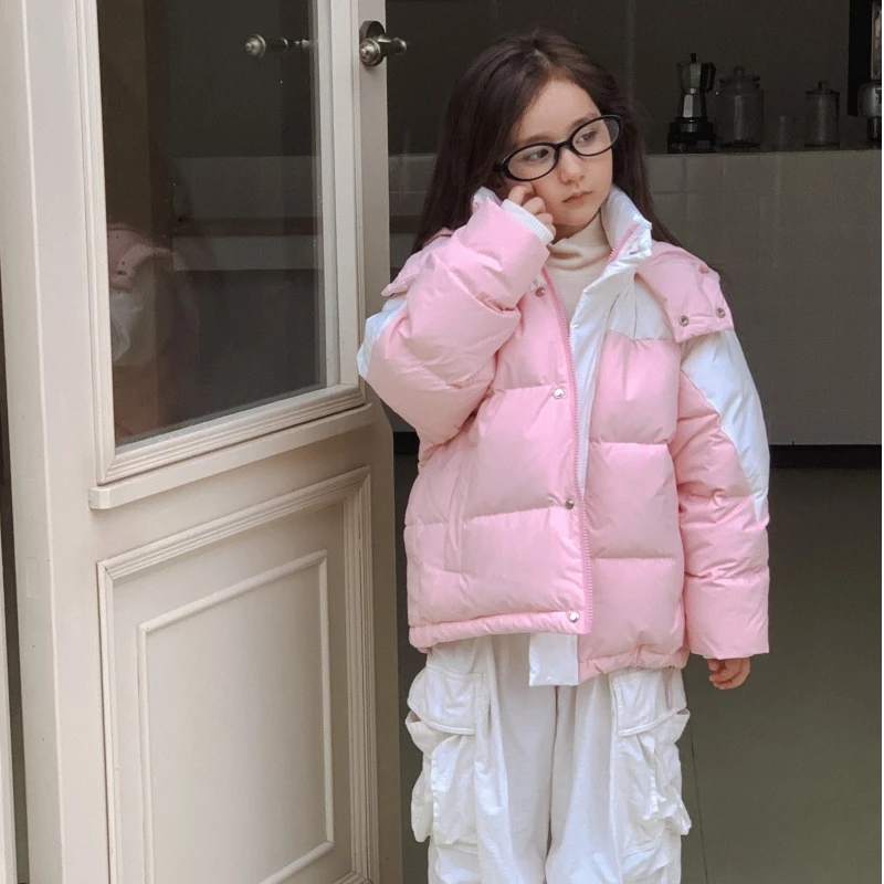 儿童羽绒服冬装潮牌拼接外套保暖羽绒服女童2449休闲款90白鸭绒