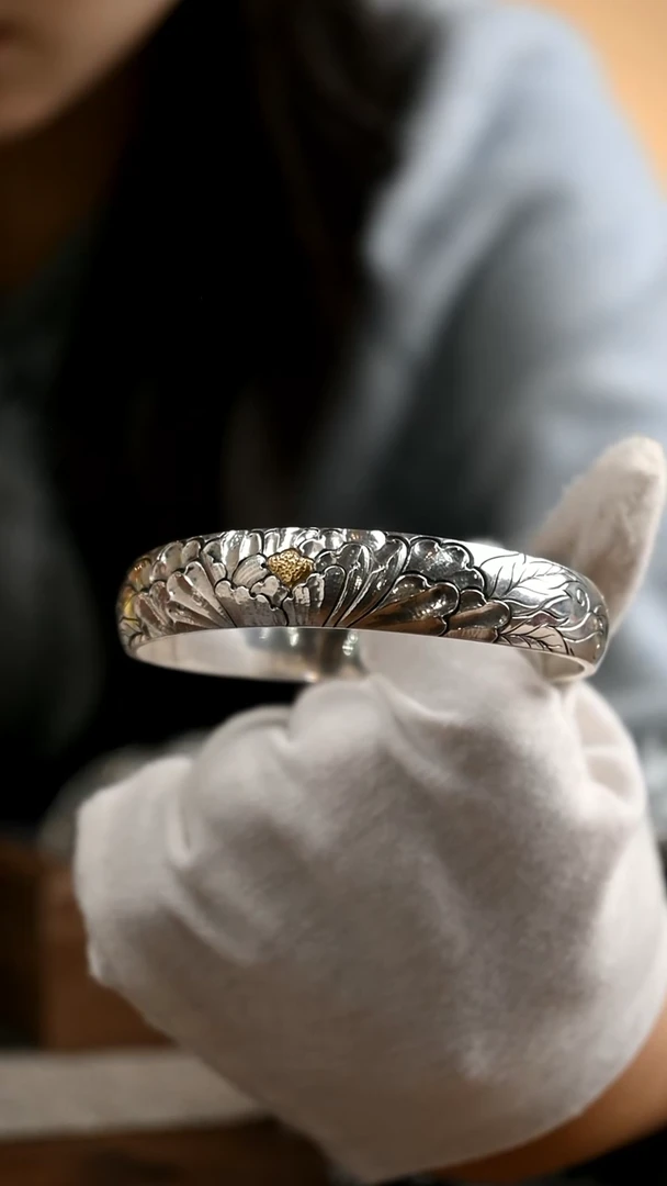 嵌金牡丹纯银手镯 圈口57