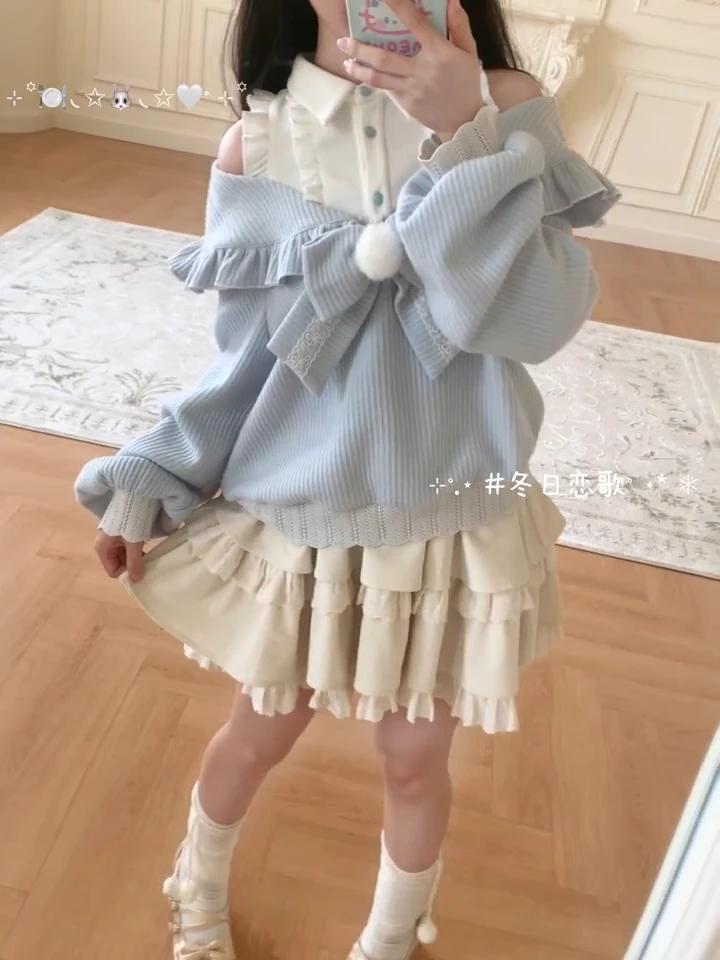 小个子甜美显瘦套装裙女秋冬季新款蝴蝶结露肩拼接毛衣短裙两件套