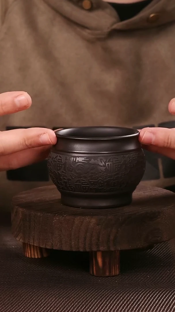 茶杯紫砂紫砂刻绘主人杯百福