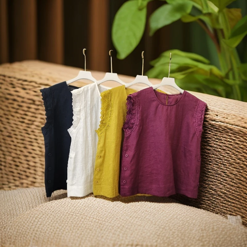 【禾女服饰】27-703款纯色蕾丝肩亚麻坎肩