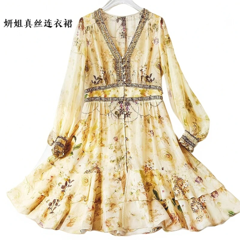 妍姐2025春夏新款花V领修身短裙高端走秀真丝连衣裙黄花色 250821