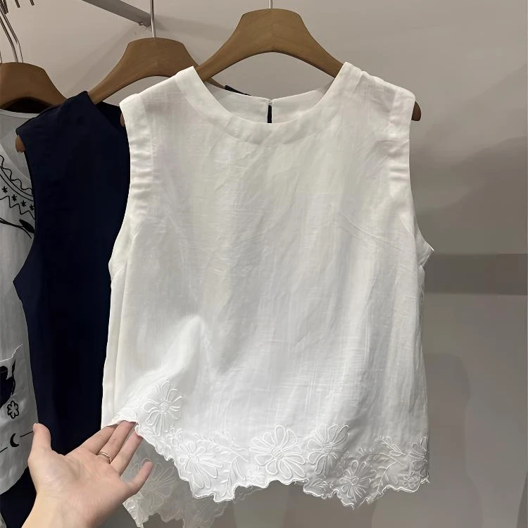 无袖小衫上衣女2025年夏季新款韩系绣花简约学生显瘦洋气衬衫