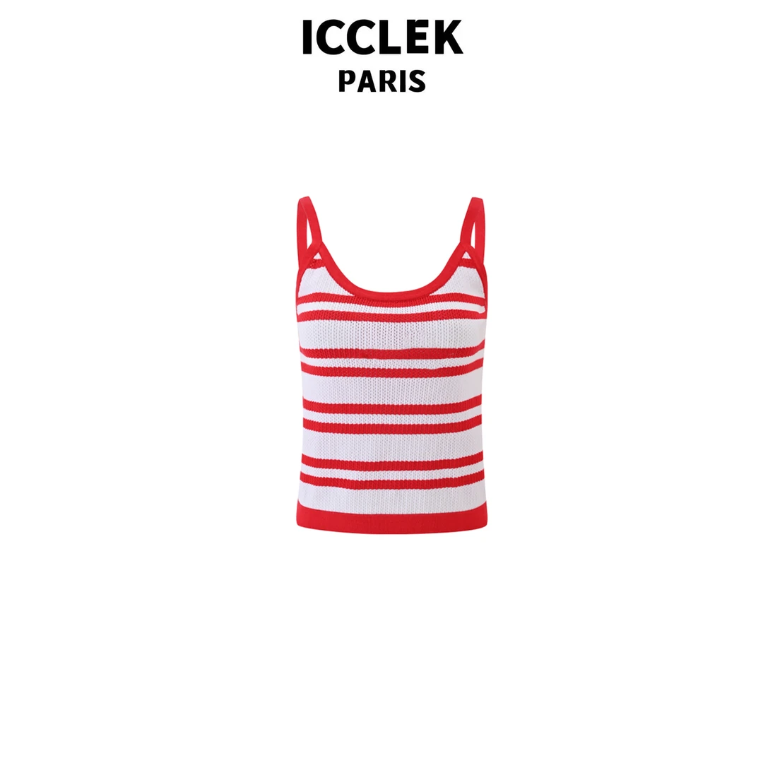 ICCLEK 红色条纹减龄显瘦针织衫背心百搭无袖休闲时尚圆领  -5634