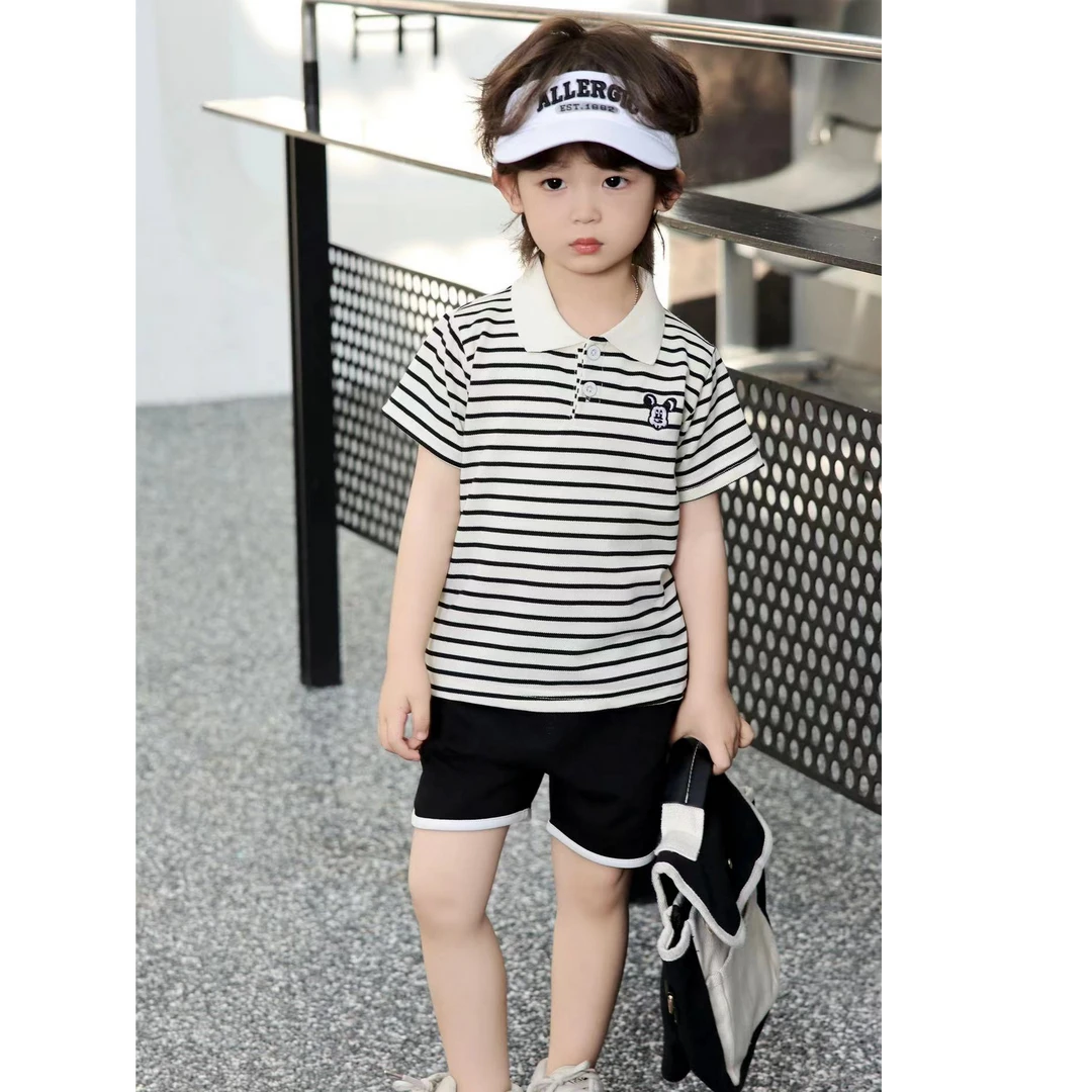 T091小贝心条纹POLO衫套装儿童男童洋气休闲夏季时尚翻领韩版