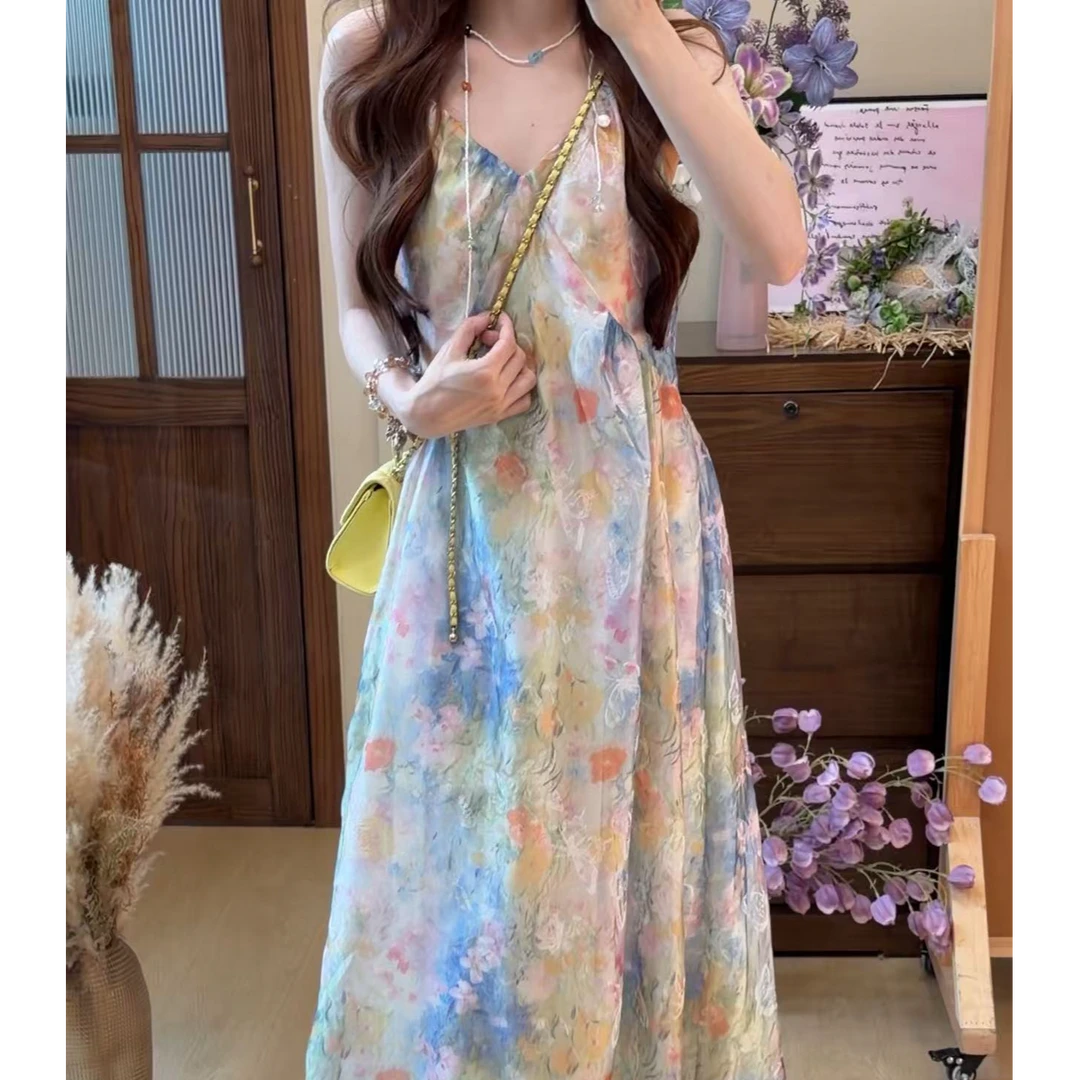 【自制设计款】8773#夏季新款琉璃焕彩碎花吊带掐腰显瘦度假