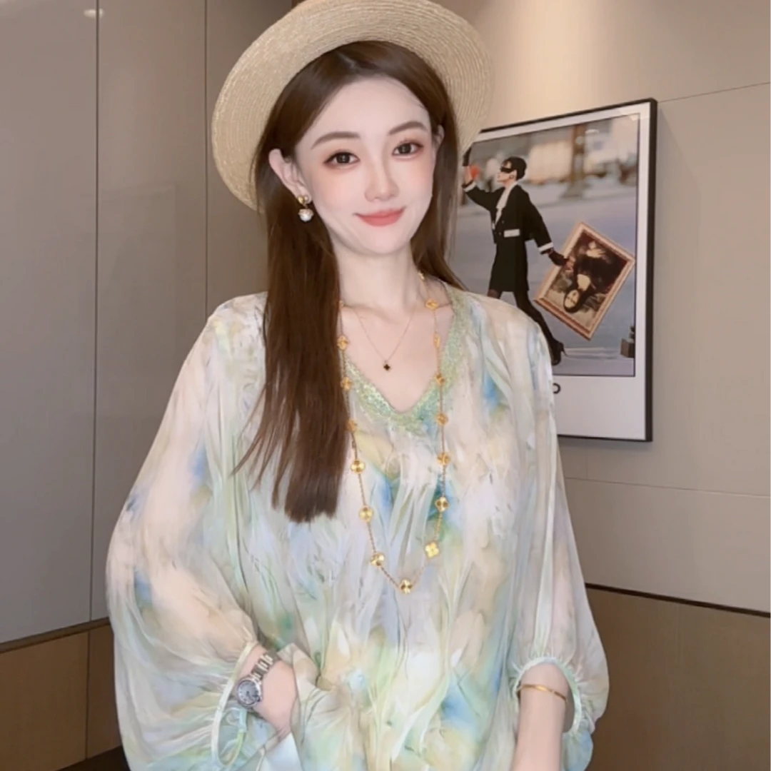 【丝芙玉禄】（F911）100%真丝双绉创意印花洋气宽松桑蚕丝t恤上衣